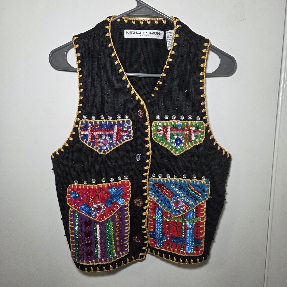 Michael Simon Wearable Art Sweater Vest Colorful Embroidered Pocket Design M